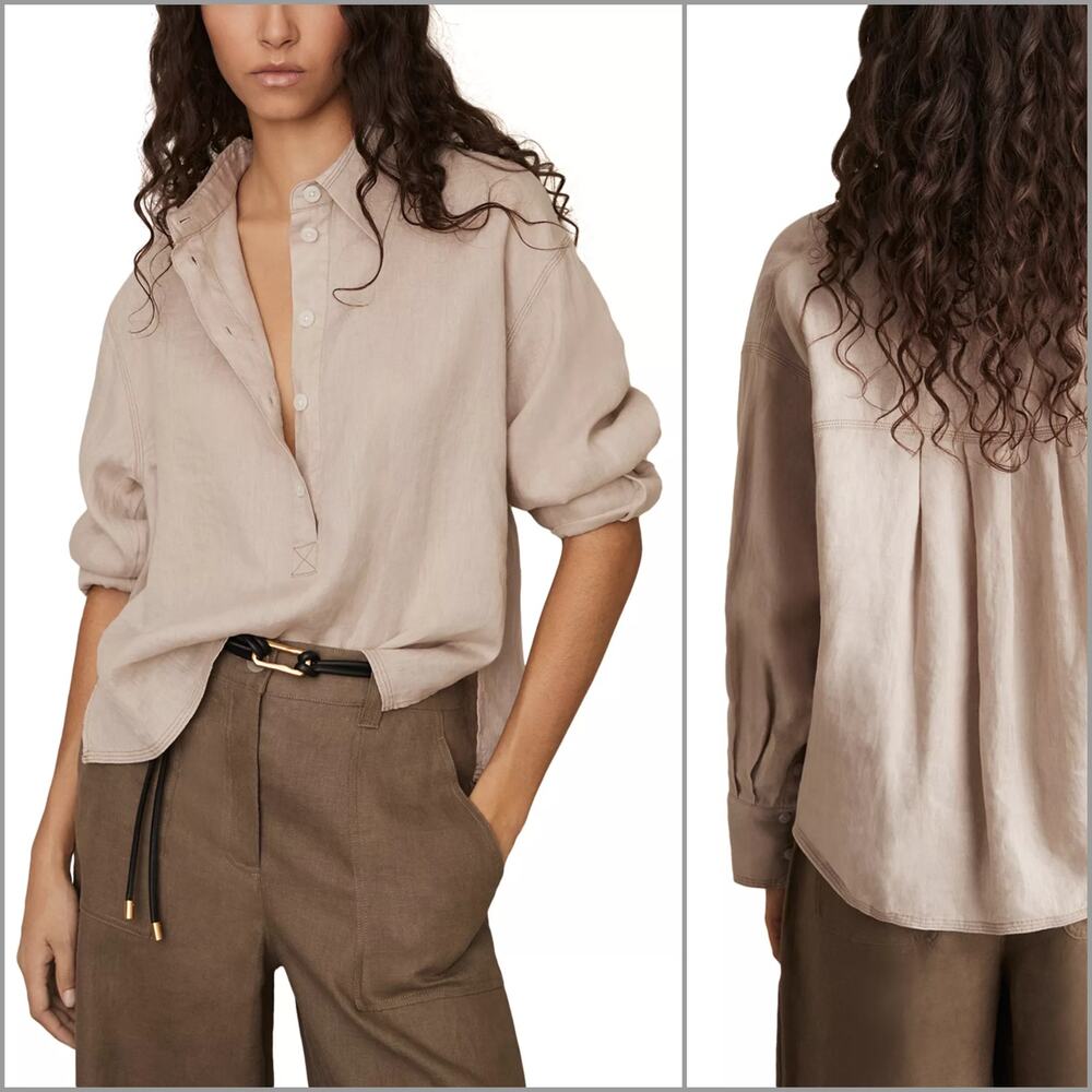 REISS Nina Linen Popover Top in Neutral beige size 4
